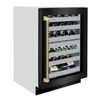 ZLINE Autograph 24" Touchstone Dual Zone 44 Bottle Wine Cooler with Black Stainless Steel Glass Door and Champagne Bronze Helix Handle, RWDOZ-BS-24-KCB