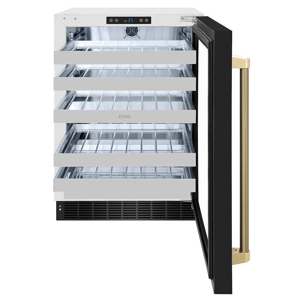 ZLINE Autograph 24" Touchstone Dual Zone 44 Bottle Wine Cooler with Black Stainless Steel Glass Door and Champagne Bronze Helix Handle, RWDOZ-BS-24-KCB
