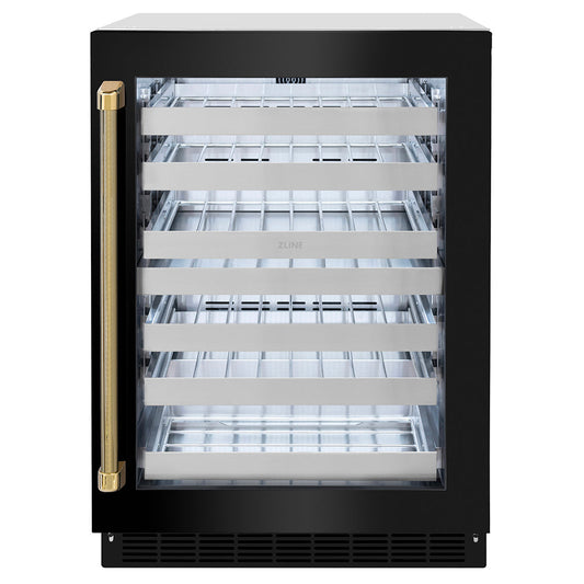 ZLINE Autograph 24" Touchstone Dual Zone 44 Bottle Wine Cooler with Black Stainless Steel Glass Door and Polished Gold Helix Handle, RWDOZ-BS-24-KG