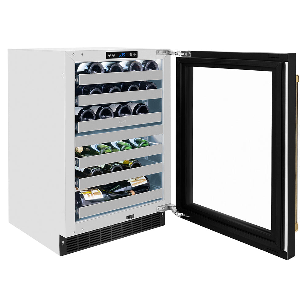ZLINE Autograph 24" Touchstone Dual Zone 44 Bottle Wine Cooler with Black Stainless Steel Glass Door and Polished Gold Helix Handle, RWDOZ-BS-24-KG