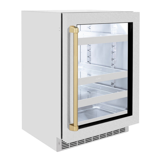ZLINE Autograph 24" Touchstone 151 Can Beverage Fridge With Satin Stainless Steel Glass Door And Champagne Bronze Handle, RBSOZ-SN-24-CB