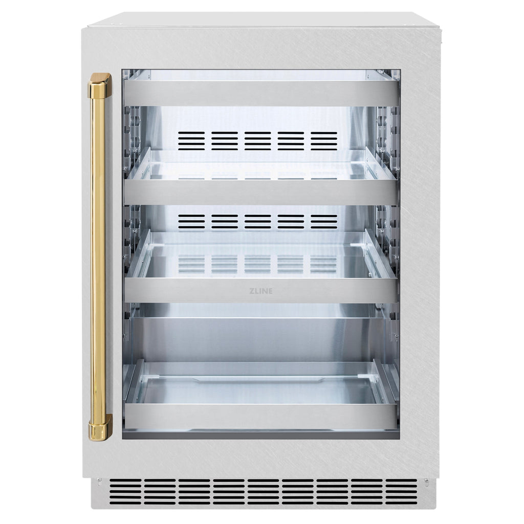 ZLINE Autograph 24" Touchstone 151 Can Beverage Fridge With Satin Stainless Steel Glass Door And Polished Gold Handle, RBSOZ-SN-24-G