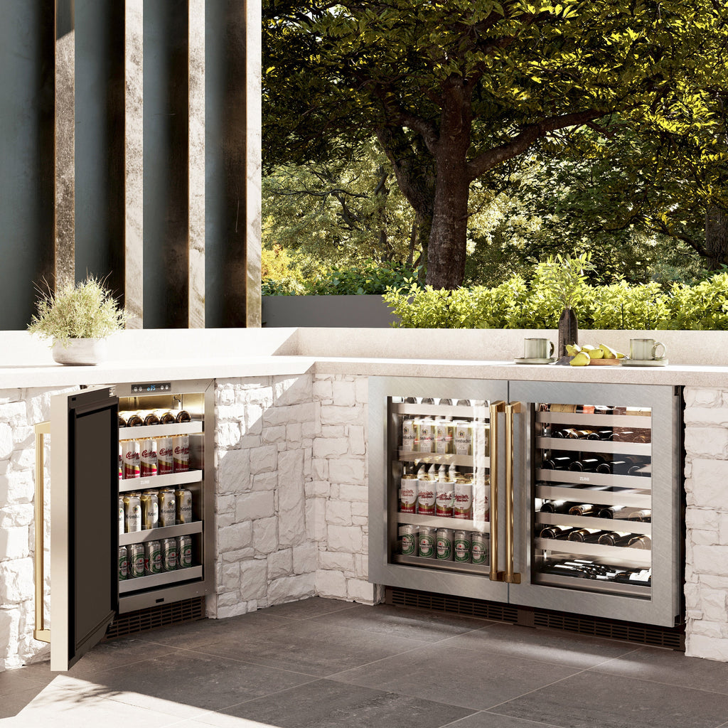 ZLINE Autograph 24" Touchstone Dual Zone 44 Bottle Wine Cooler with Satin Stainless Steel Glass Door and Polished Gold Handle, RWDOZ-SN-24-G