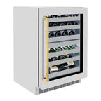 ZLINE Autograph 24" Touchstone Dual Zone 44 Bottle Wine Cooler with Satin Stainless Steel Glass Door and Polished Gold Handle, RWDOZ-SN-24-G