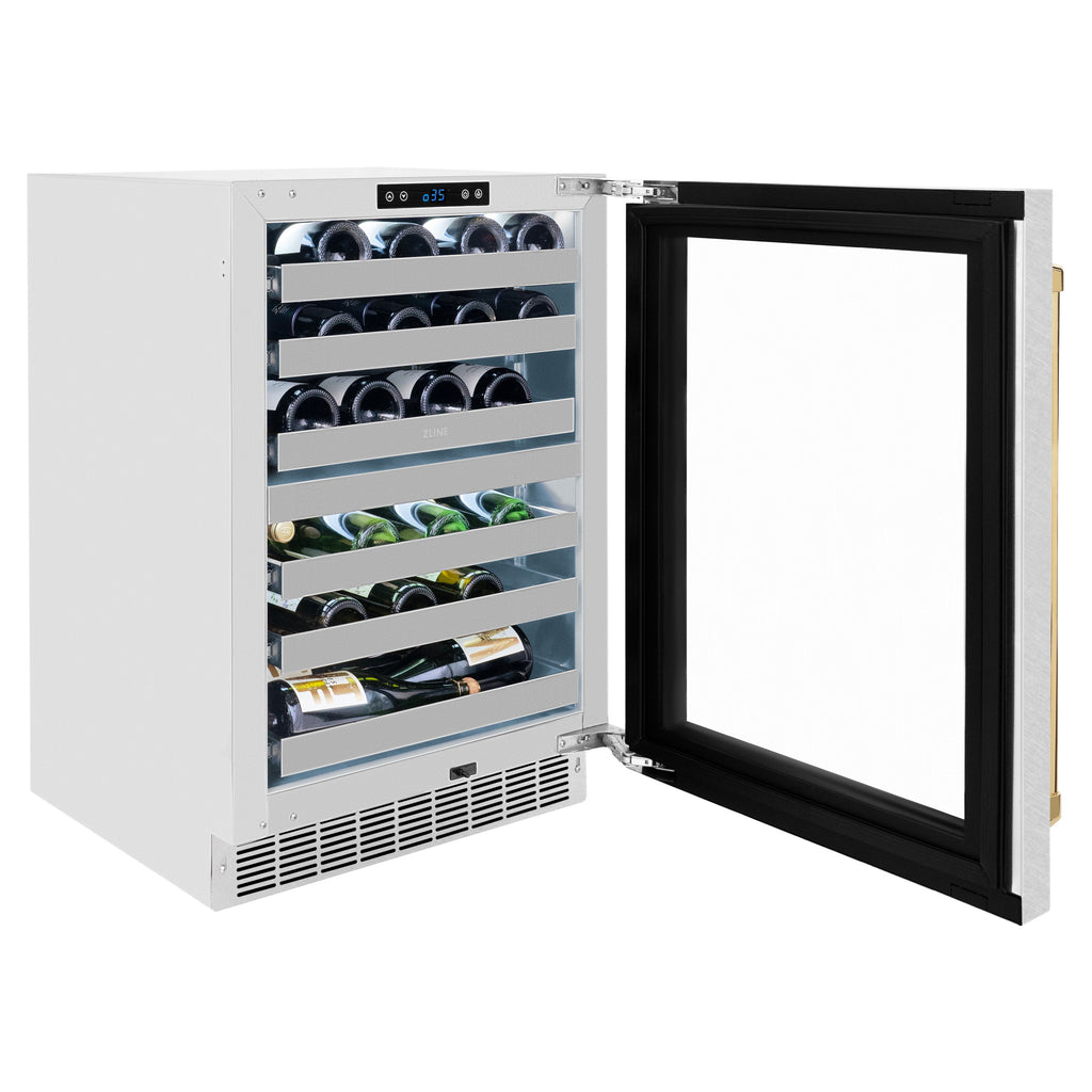 ZLINE Autograph 24" Touchstone Dual Zone 44 Bottle Wine Cooler with Satin Stainless Steel Glass Door and Polished Gold Handle, RWDOZ-SN-24-G