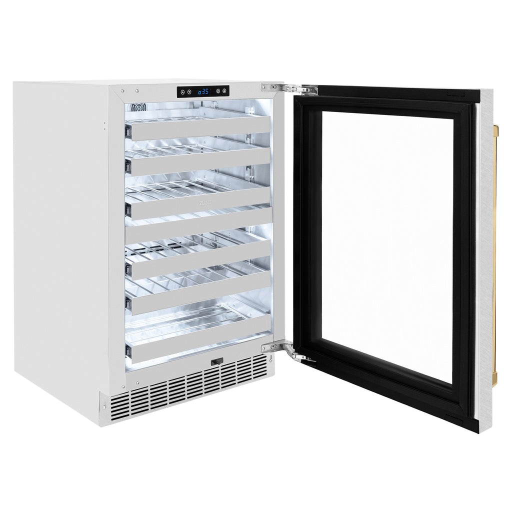 ZLINE Autograph 24" Touchstone Dual Zone 44 Bottle Wine Cooler with Satin Stainless Steel Glass Door and Polished Gold Handle, RWDOZ-SN-24-G
