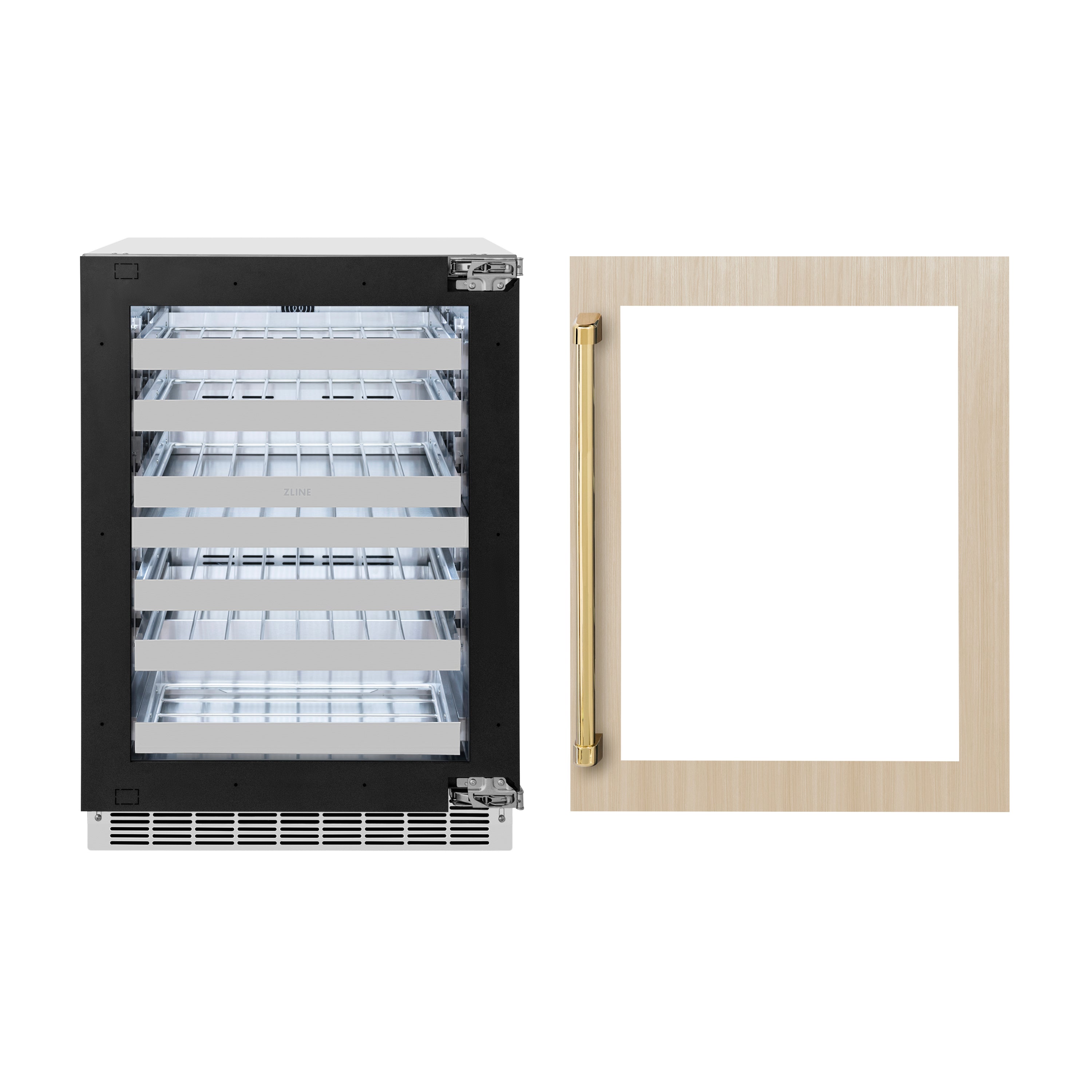ZLINE Autograph 24" Touchstone Dual Zone 44 Bottle Wine Cooler with Panel Ready Glass Door and Polished Gold Handle,  RWDPOZ-24-G