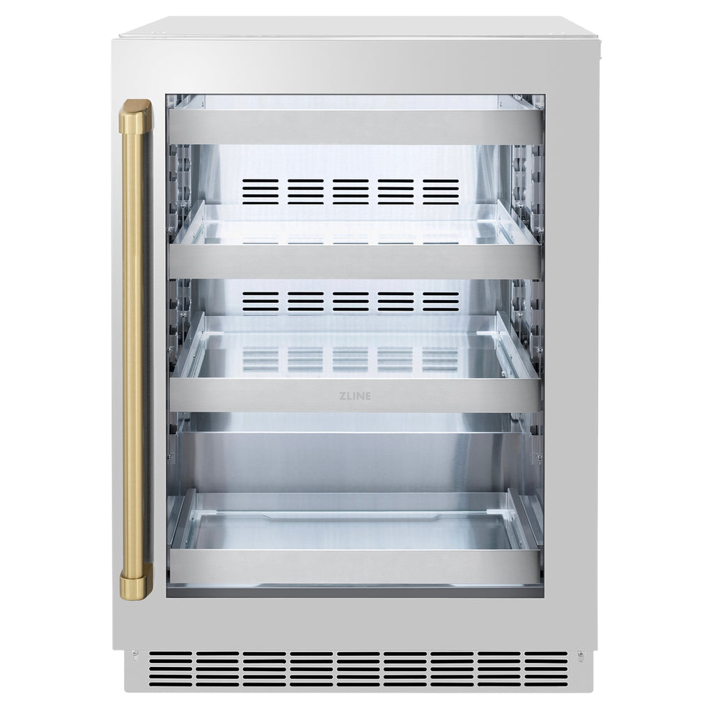 ZLINE Autograph 24" Touchstone 151 Can Beverage Fridge with Stainless Steel Glass Door and Champagne Bronze Handle,  RBSOZ-GS-24-CB