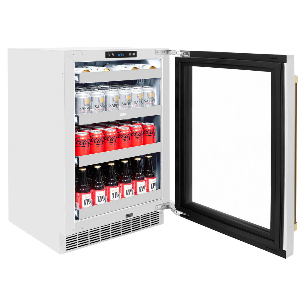 ZLINE Autograph 24" Touchstone 151 Can Beverage Fridge with Stainless Steel Glass Door and Champagne Bronze Handle,  RBSOZ-GS-24-CB