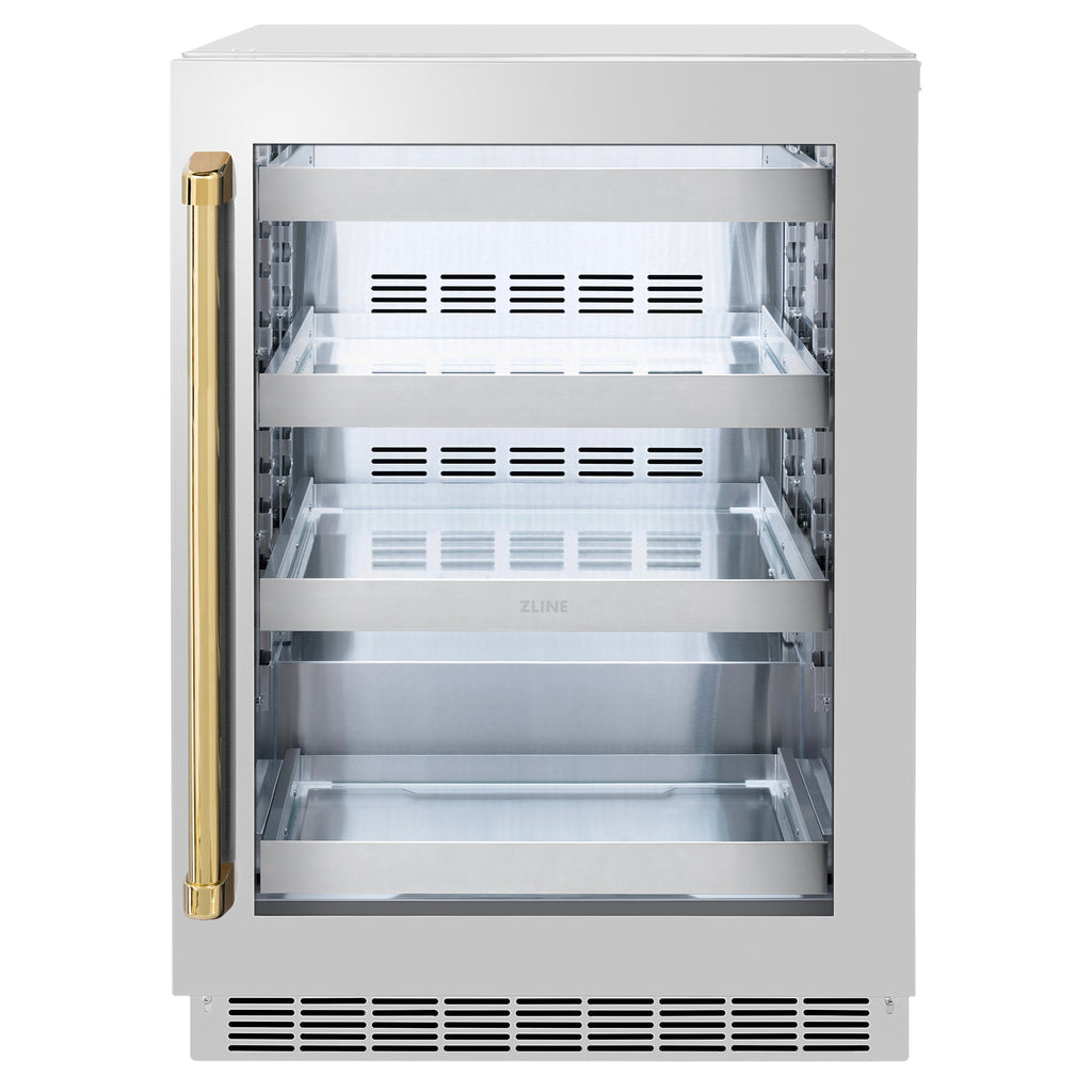 ZLINE Autograph 24" Touchstone 151 Can Beverage Fridge with Stainless Steel Glass Door and Polished Gold Handle,  RBSOZ-GS-24-G