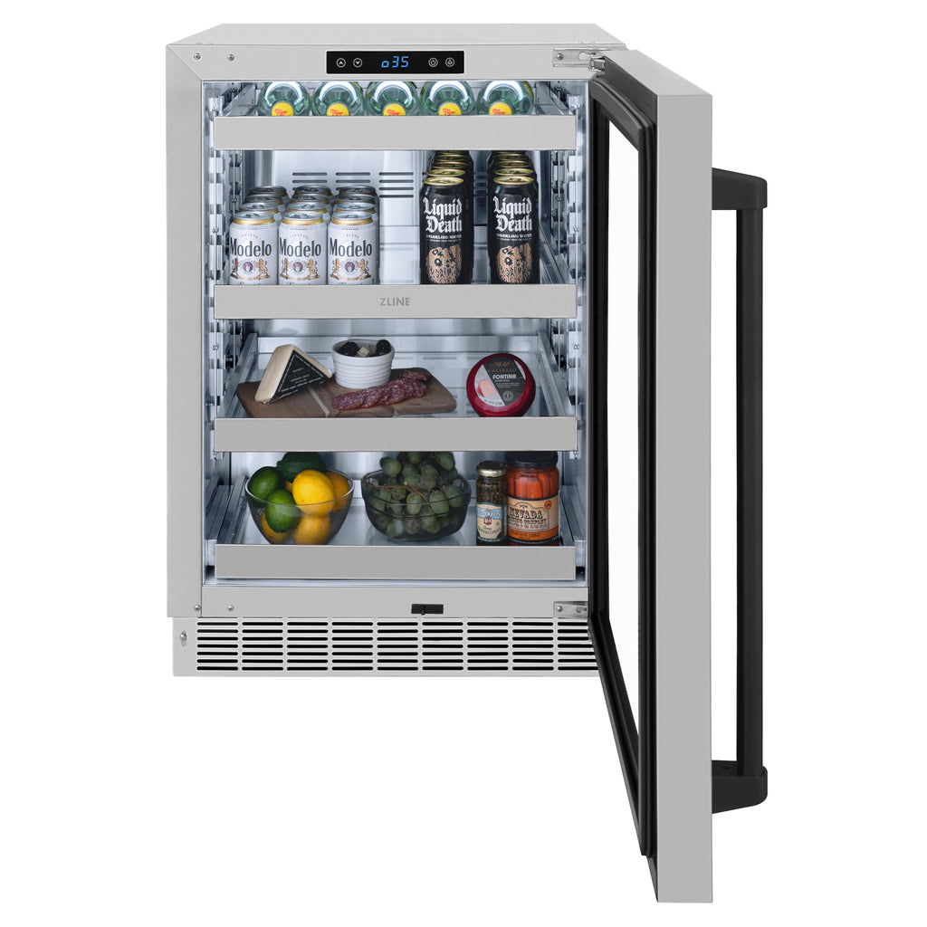 ZLINE Autograph 24" Touchstone 151 Can Beverage Fridge with Stainless Steel Glass Door and Matte Black Handle,  RBSOZ-GS-24-MB