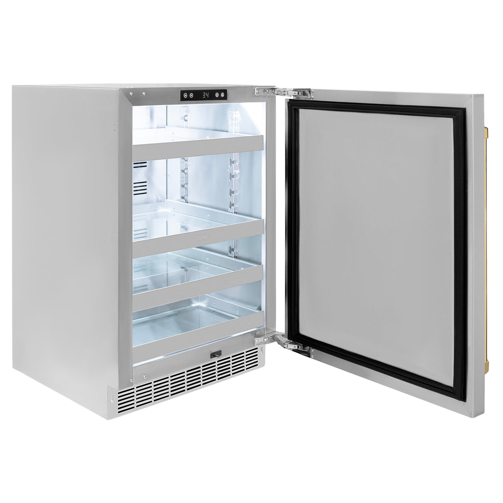 ZLINE Autograph 24" Touchstone 151 Can Beverage Fridge with Solid Stainless Steel Door and Polished Gold Handle,  RBSOZ-ST-24-G