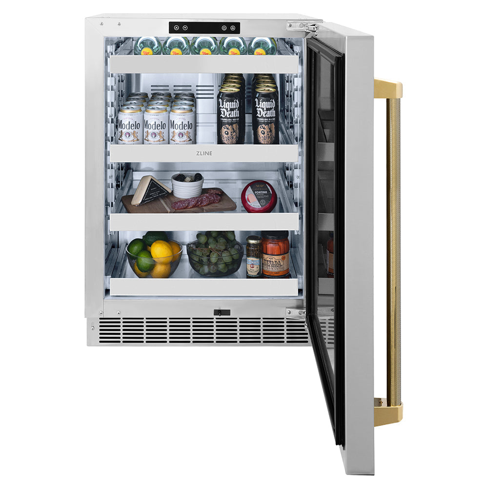 ZLINE Autograph 24" Touchstone 151 Can Beverage Fridge with Solid Stainless Steel Door and Polished Gold Helix Handle, RBSOZ-ST-24-KG