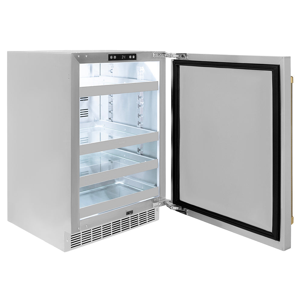 ZLINE Autograph 24" Touchstone 151 Can Beverage Fridge with Solid Stainless Steel Door and Polished Gold Helix Handle, RBSOZ-ST-24-KG