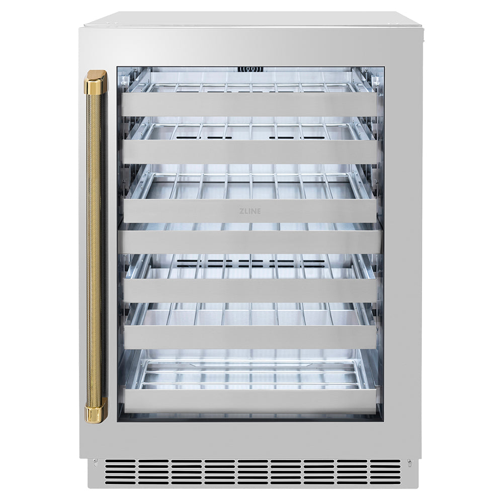 ZLINE Autograph 24" Touchstone Dual Zone 44 Bottle Wine Cooler with Stainless Steel Glass Door and Polished Gold Helix Handle, RWDOZS-24-KG
