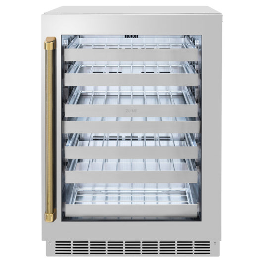 ZLINE Autograph 24" Touchstone Dual Zone 44 Bottle Wine Cooler with Stainless Steel Glass Door and Polished Gold Helix Handle, RWDOZS-24-KG