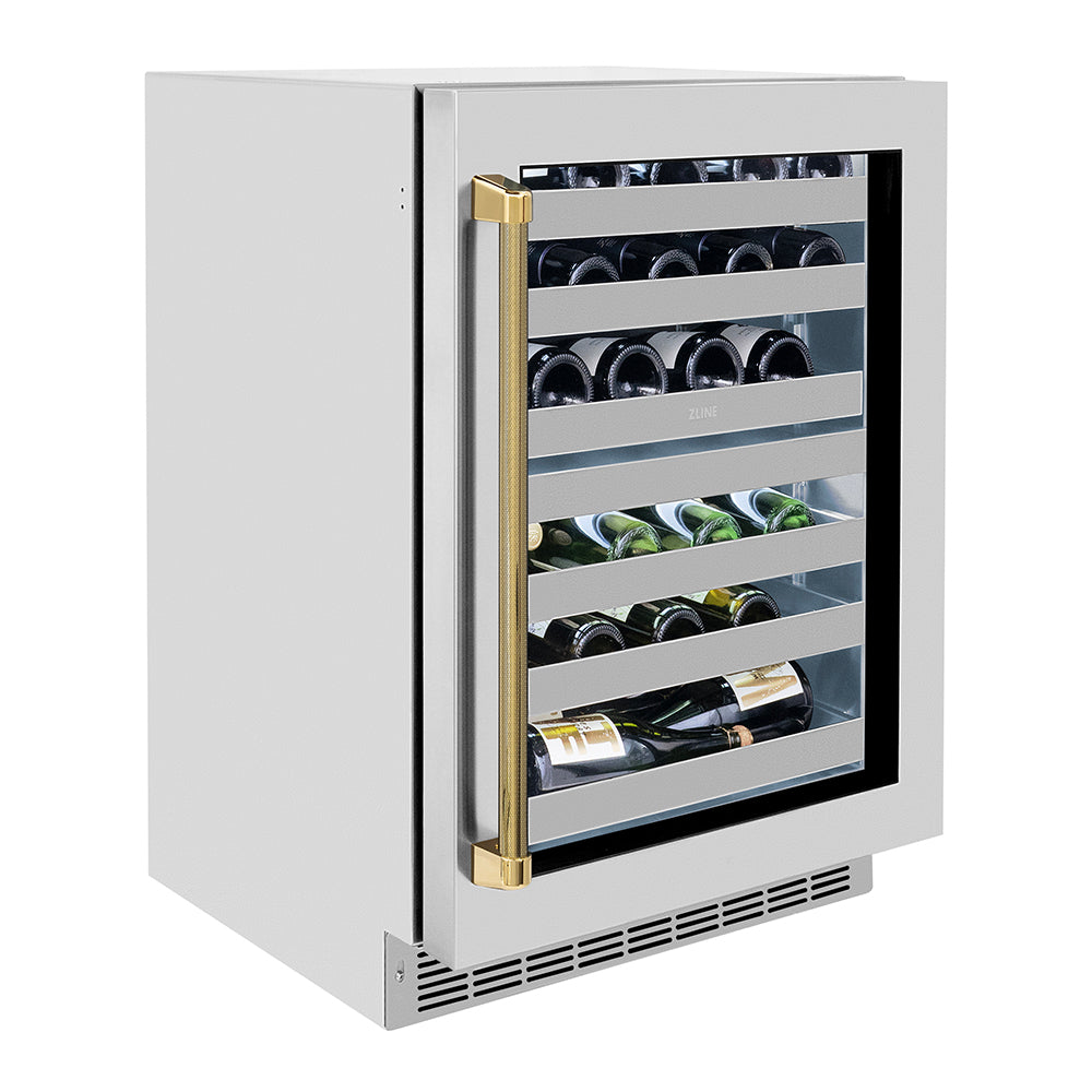ZLINE Autograph 24" Touchstone Dual Zone 44 Bottle Wine Cooler with Stainless Steel Glass Door and Polished Gold Helix Handle, RWDOZS-24-KG