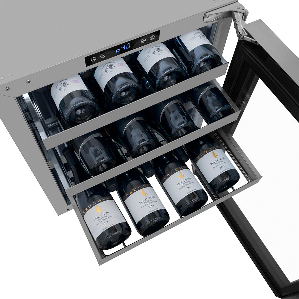 ZLINE Autograph 24" Touchstone Dual Zone 44 Bottle Wine Cooler with Stainless Steel Glass Door and Polished Nickel Helix Handle, RWDOZS-24-KPN