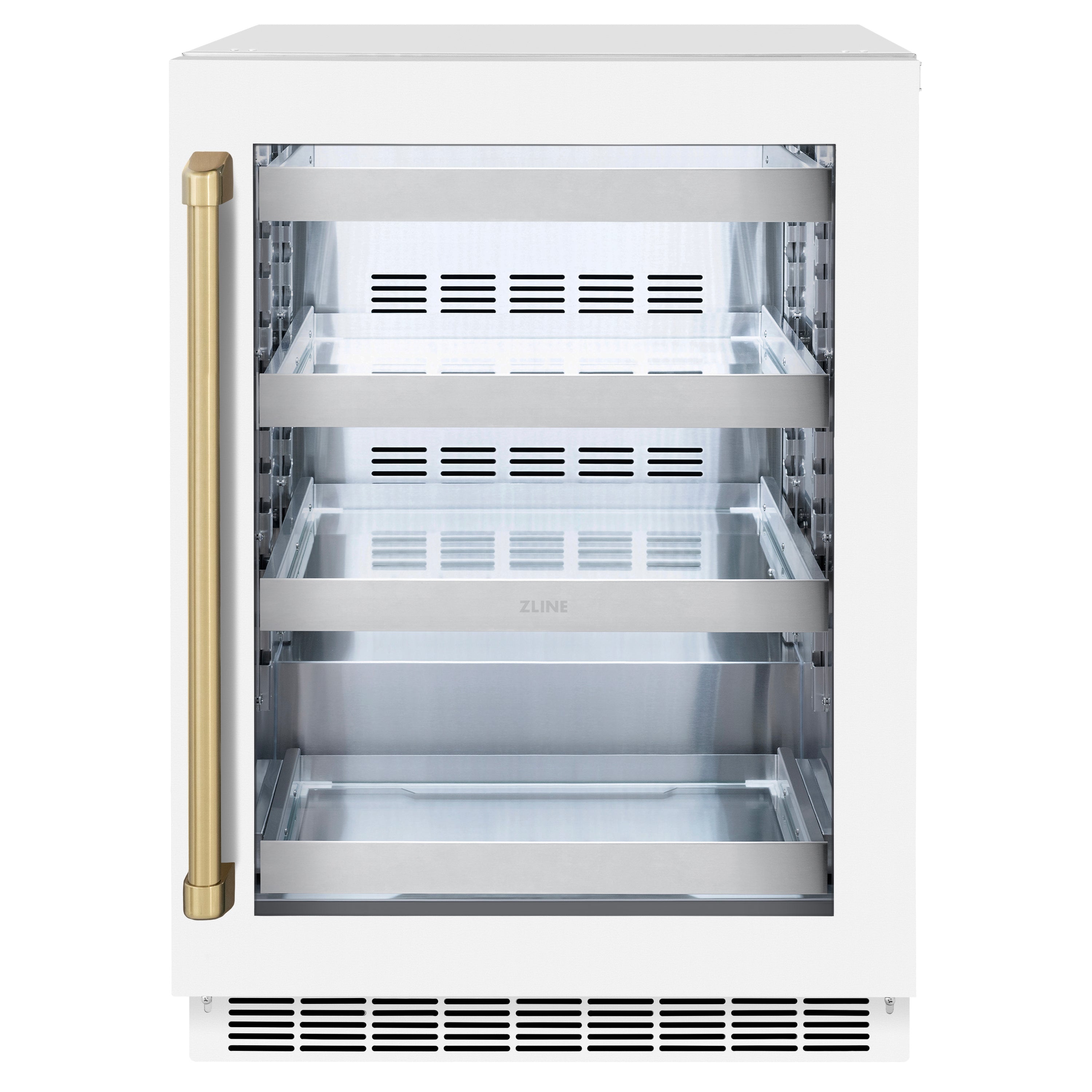 ZLINE Autograph 24" Touchstone 151 Can Beverage Fridge with White Matte Glass Door and Champagne Bronze Handle, RBSOZ-WM-24-CB
