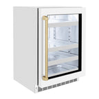 ZLINE Autograph 24" Touchstone 151 Can Beverage Fridge with White Matte Glass Door and Champagne Bronze Handle, RBSOZ-WM-24-CB