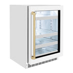 ZLINE Autograph 24" Touchstone Dual Zone 44 Bottle Wine Cooler with White Matte Glass Door and Champagne Bronze Handle, RWDOZ-WM-24-CB