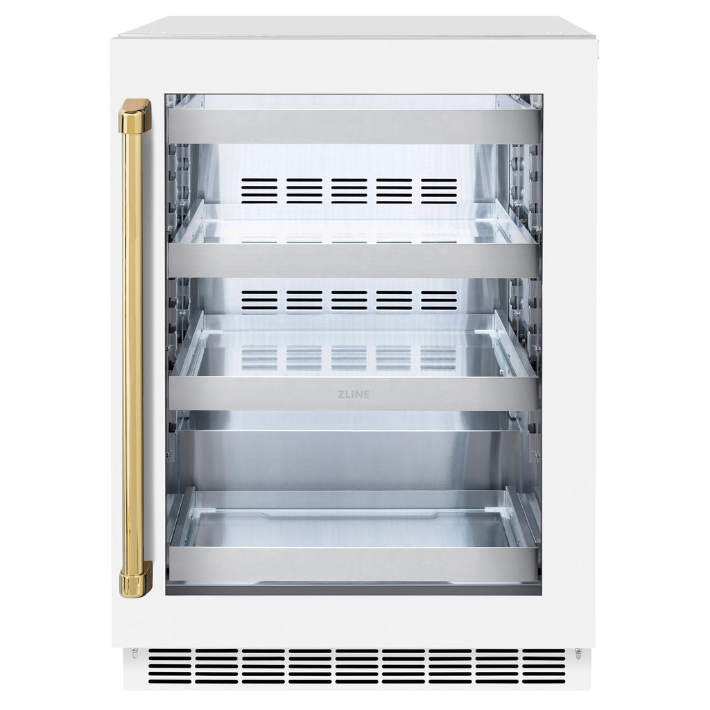 ZLINE Autograph 24" Touchstone Dual Zone 44 Bottle Wine Cooler with White Matte Glass Door and Polished Gold Handle, RWDOZ-WM-24-G