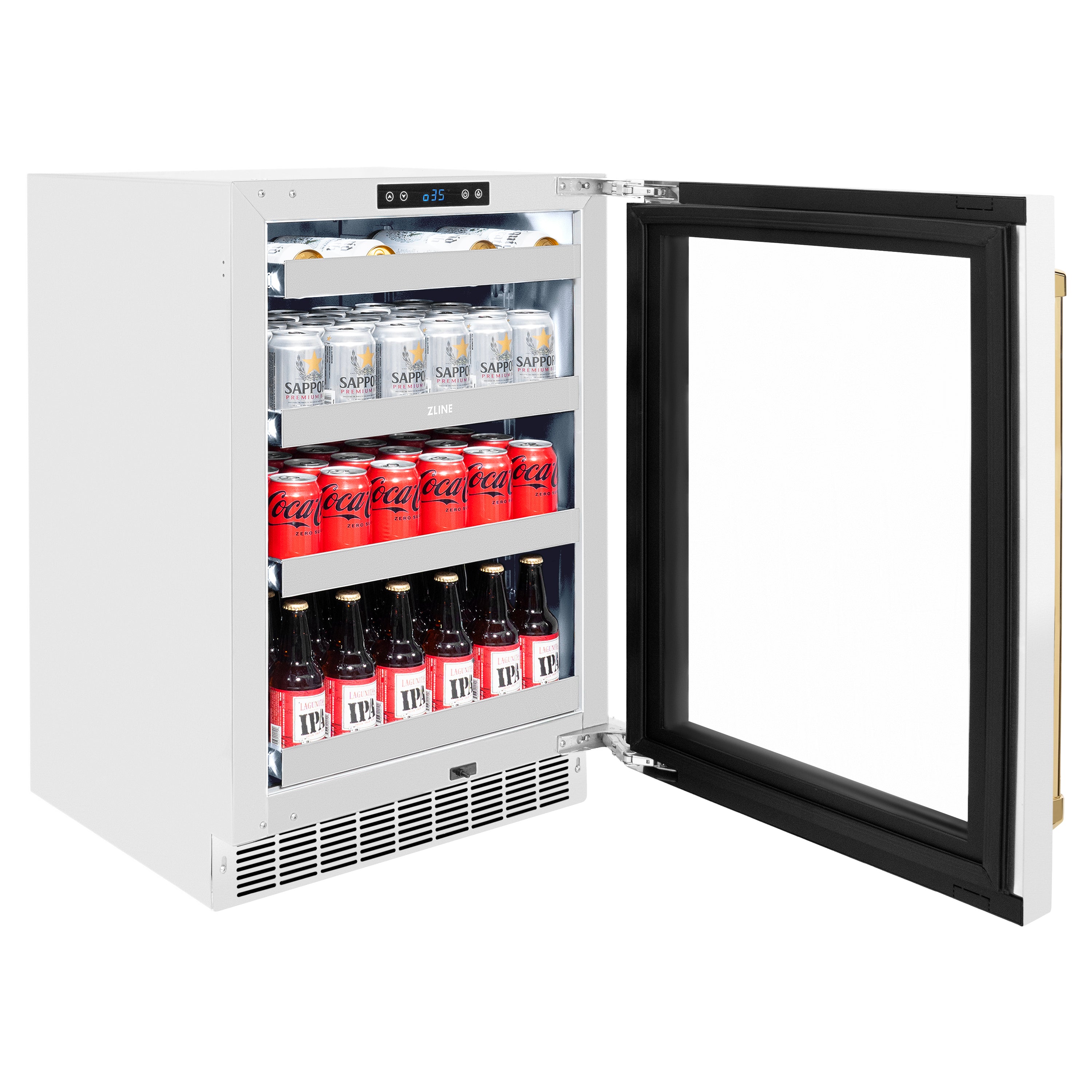 ZLINE Autograph 24" Touchstone 151 Can Beverage Fridge with White Matte Glass Door and Polished Gold Handle, RBSOZ-WM-24-G