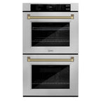 ZLINE Autograph 30" Professional True Convection Double Wall Oven with Air Fry and Self Clean in Satin Stainless Steel with Champagne Bronze Helix Handles, WADSZ-30-KCB
