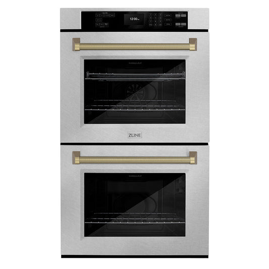 ZLINE Autograph 30" Professional True Convection Double Wall Oven with Air Fry and Self Clean in Satin Stainless Steel with Champagne Bronze Helix Handles, WADSZ-30-KCB