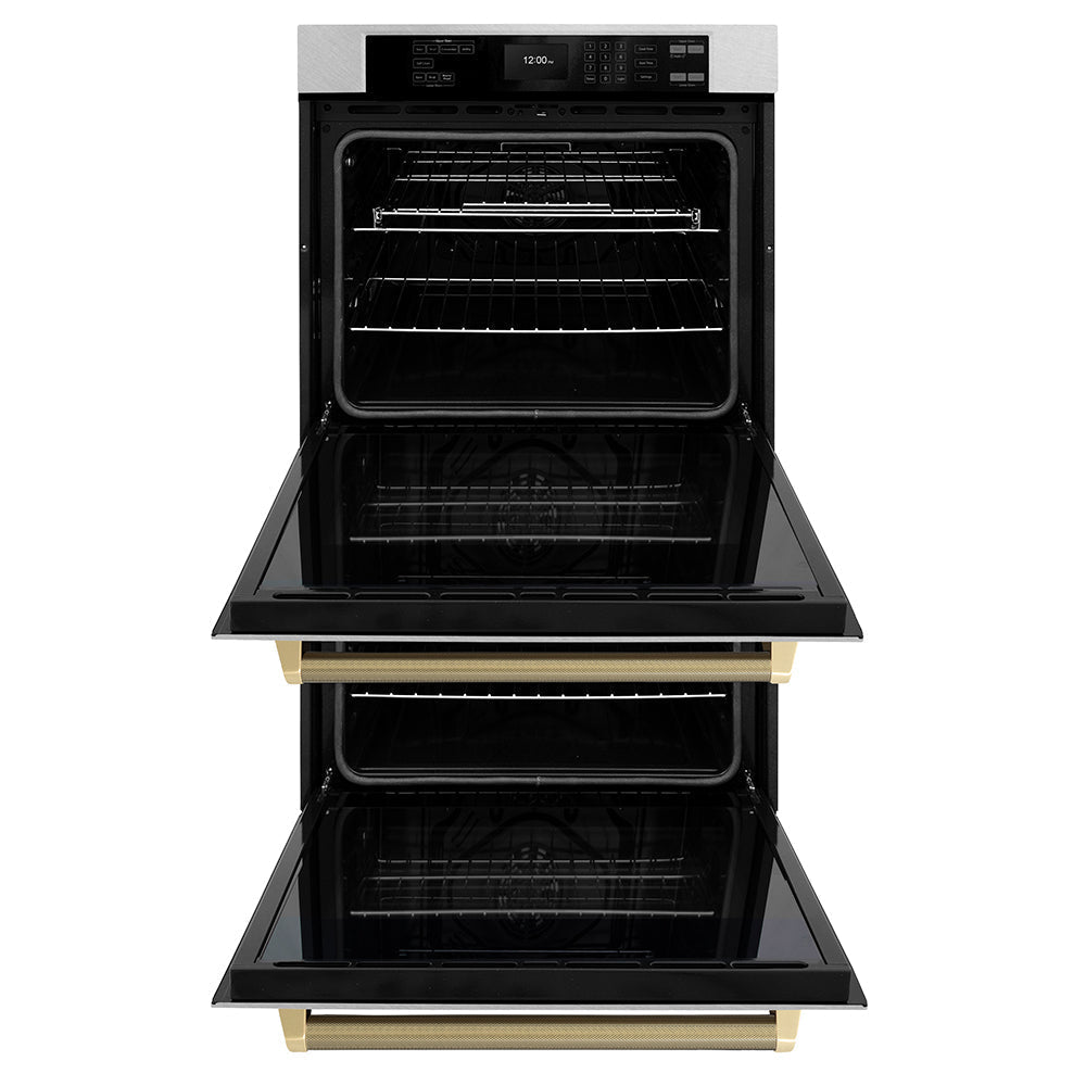 ZLINE Autograph 30" Professional True Convection Double Wall Oven with Air Fry and Self Clean in Satin Stainless Steel with Champagne Bronze Helix Handles, WADSZ-30-KCB