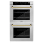 ZLINE Autograph 30" Professional True Convection Double Wall Oven with Air Fry and Self Clean in Satin Stainless Steel with Polished Gold Helix Handles, WADSZ-30-KG