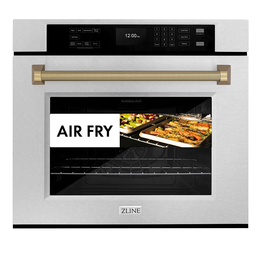 ZLINE Autograph 30" Professional True Convection Single Wall Oven with Air Fry and Self Clean in Satin Stainless Steel with Champagne Bronze Helix Handle, WASSZ-30-KCB