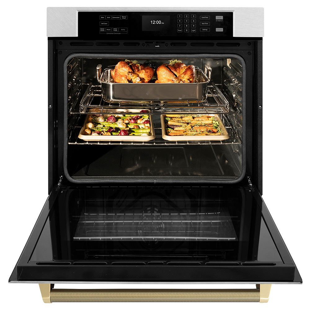 ZLINE Autograph 30" Professional True Convection Single Wall Oven with Air Fry and Self Clean in Satin Stainless Steel with Champagne Bronze Helix Handle, WASSZ-30-KCB