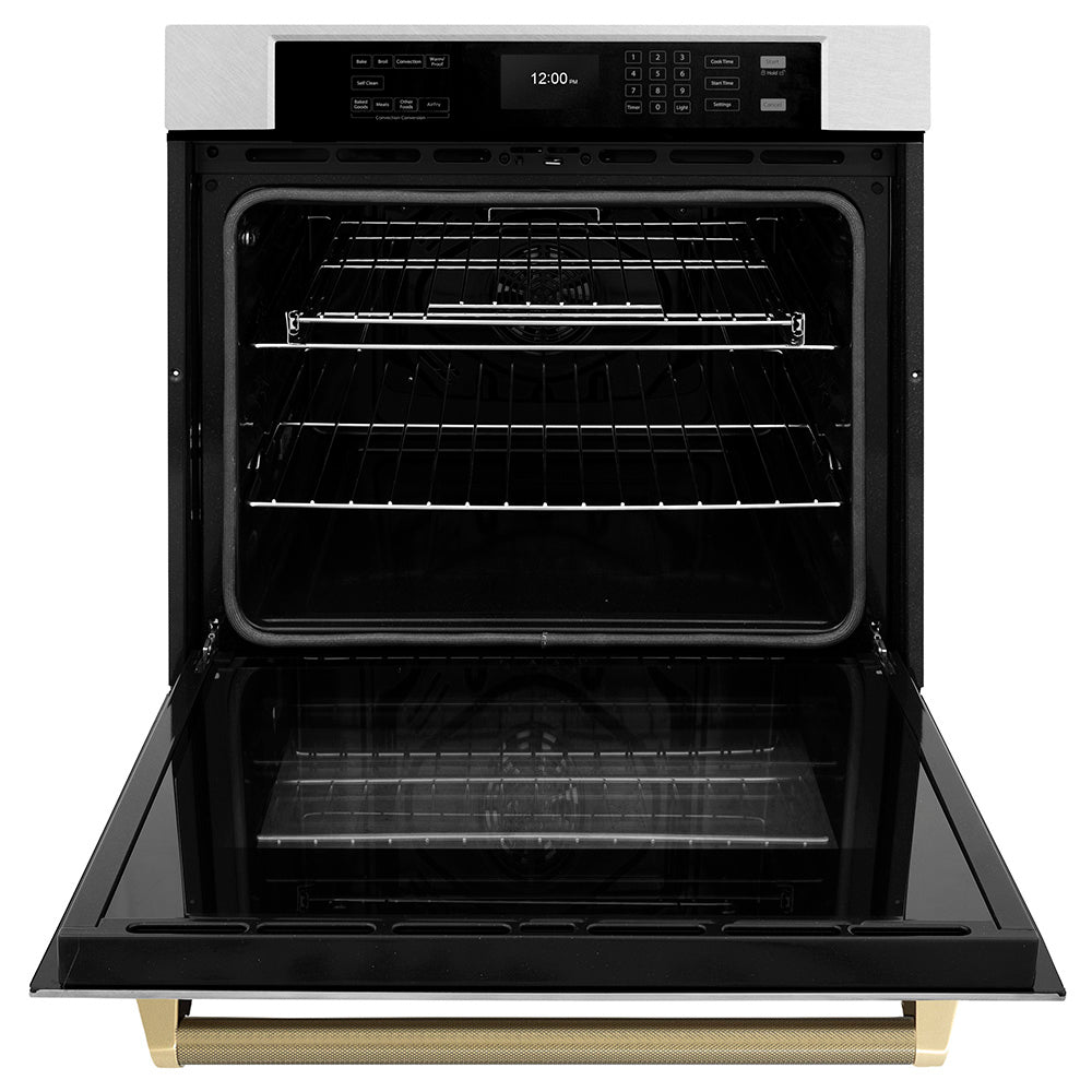 ZLINE Autograph 30" Professional True Convection Single Wall Oven with Air Fry and Self Clean in Satin Stainless Steel with Champagne Bronze Helix Handle, WASSZ-30-KCB