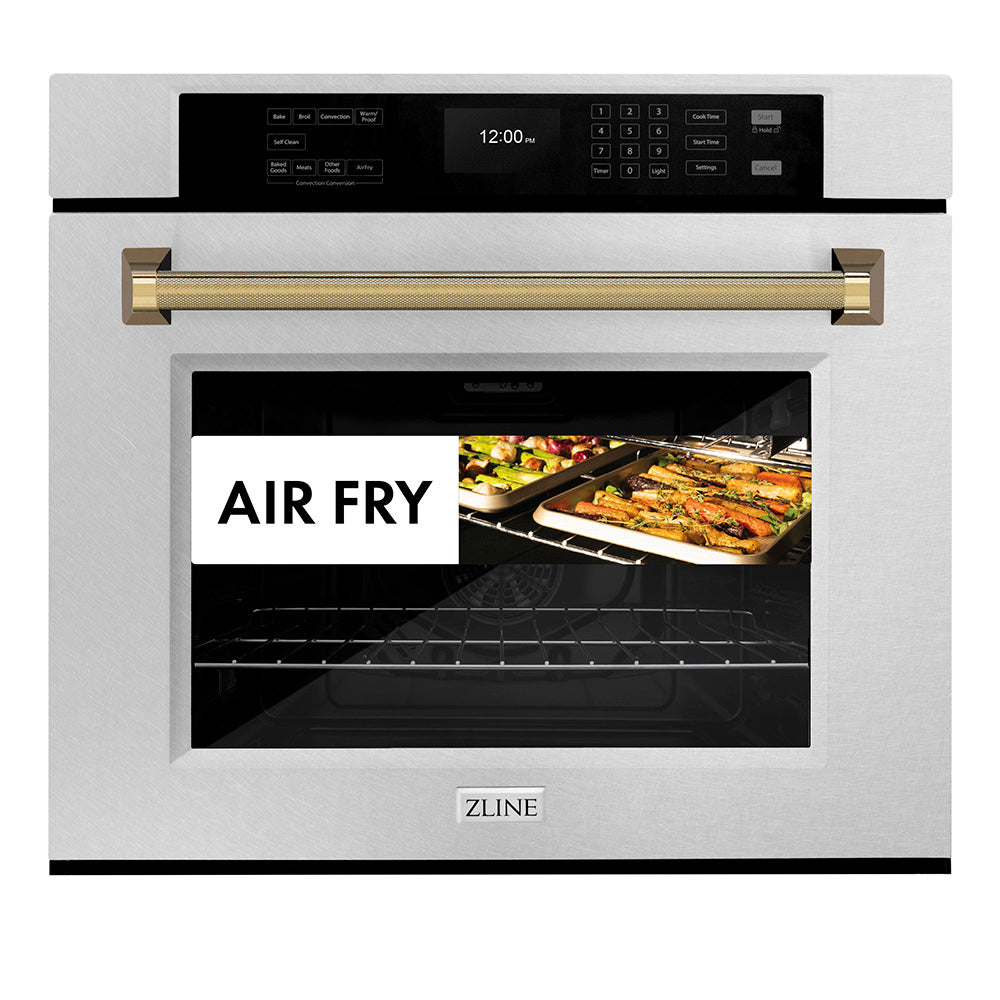 ZLINE Autograph 30" Professional True Convection Single Wall Oven with Air Fry and Self Clean in Satin Stainless Steel with Polished Gold Helix Handle, WASSZ-30-KG