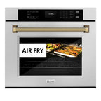 ZLINE Autograph 30" Professional True Convection Single Wall Oven with Air Fry and Self Clean in Satin Stainless Steel with Polished Gold Helix Handle, WASSZ-30-KG