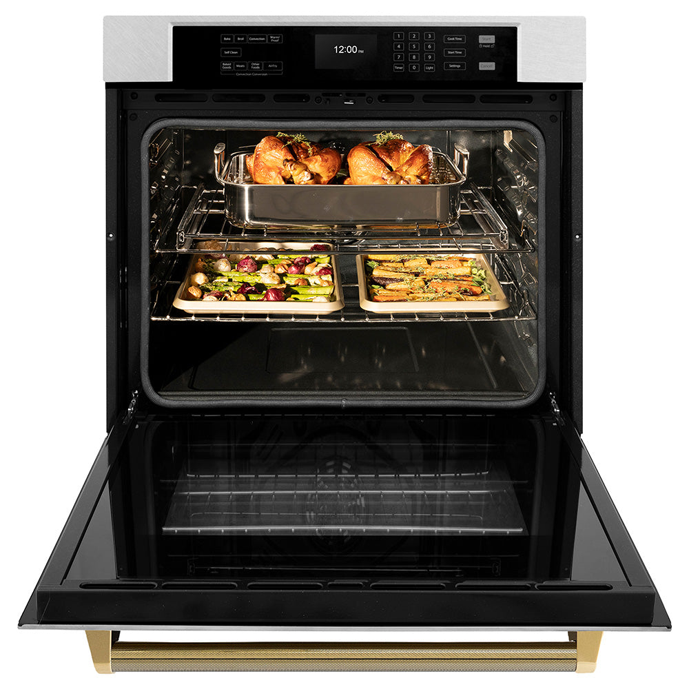 ZLINE Autograph 30" Professional True Convection Single Wall Oven with Air Fry and Self Clean in Satin Stainless Steel with Polished Gold Helix Handle, WASSZ-30-KG