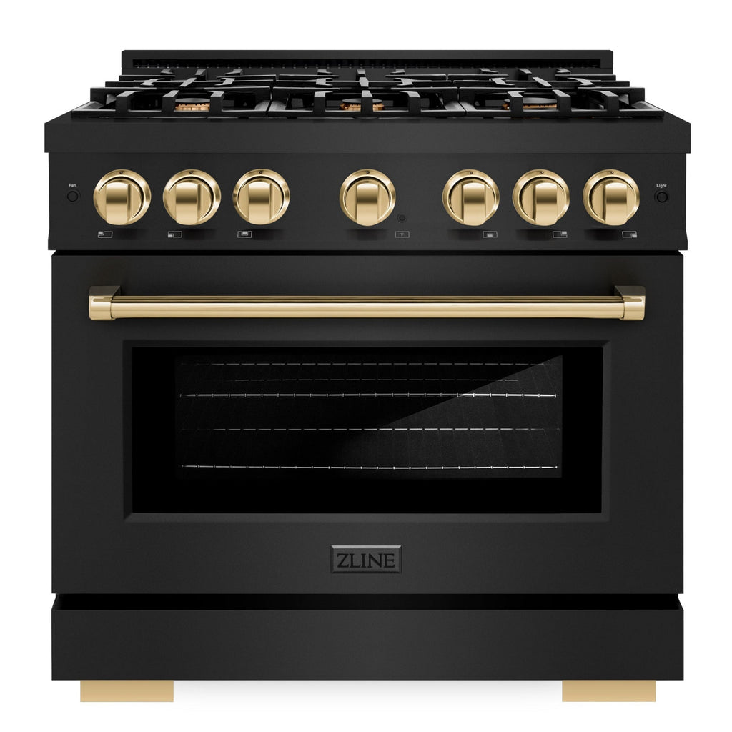 ZLINE 36 in. Dual Fuel Range 5.2 cu. ft. 6 Burners Black Stainless Steel Polished Gold Accents, MODEL HDRBZ-36-G