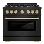 ZLINE 36 in. Dual Fuel Range 5.2 cu. ft. 6 Burners Black Stainless Steel Polished Gold Accents, MODEL HDRBZ-36-G