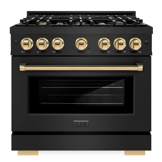 ZLINE 36 in. Dual Fuel Range 5.2 cu. ft. 6 Burners Black Stainless Steel Polished Gold Accents, MODEL HDRBZ-36-G