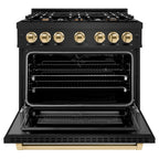 ZLINE 36 in. Dual Fuel Range 5.2 cu. ft. 6 Burners Black Stainless Steel Polished Gold Accents, MODEL HDRBZ-36-G