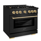 ZLINE 36 in. Dual Fuel Range 5.2 cu. ft. 6 Burners Black Stainless Steel Polished Gold Accents, MODEL HDRBZ-36-G
