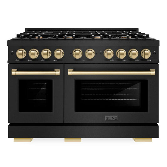 ZLINE 48 in. Dual Fuel Range 6.7 cu. ft. Double Oven with 8 Gas Burners, Black Stainless Steel, Champagne Bronze Accents (HDRBZ-48-CB)
