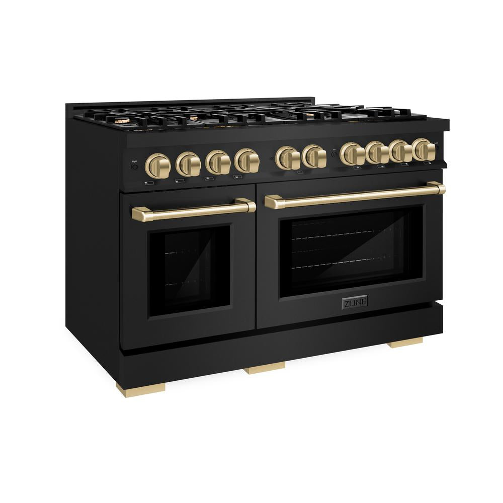 ZLINE 48 in. Dual Fuel Range 6.7 cu. ft. Double Oven with 8 Gas Burners, Black Stainless Steel, Champagne Bronze Accents (HDRBZ-48-CB)