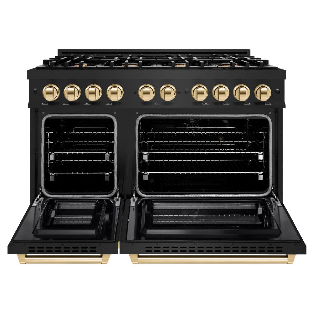 ZLINE 48 in. Gas Range Double Oven 6.7 cu. ft. 8 Burner Cooktop Black Stainless Steel Polished Gold Accents (HGRBZ-48-G)
