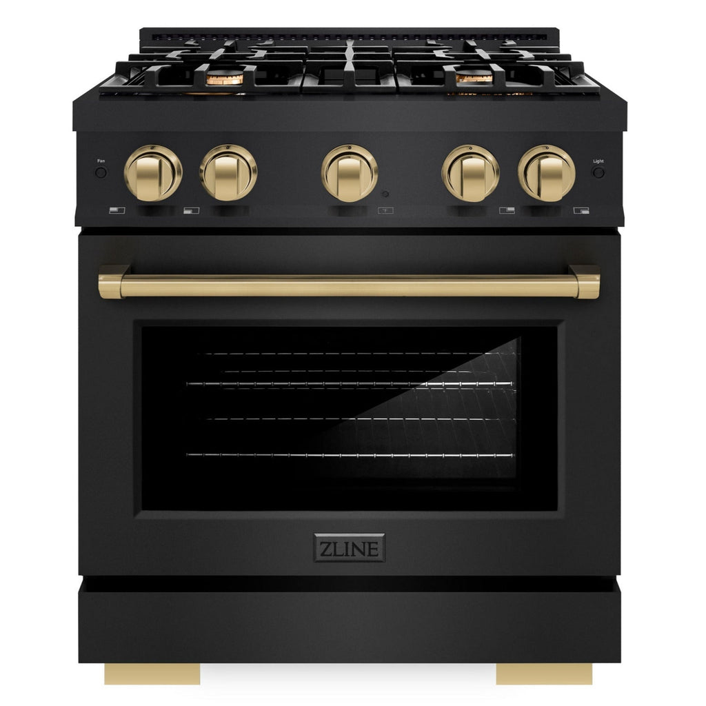 ZLINE 30 in. Gas Range – 4 Burners, 4.2 cu. ft. Convection Oven, Black Stainless Steel with Champagne Bronze Accents (HGRBZ-30-CB)