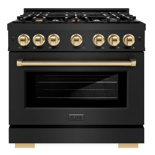 ZLINE 36 in. Gas Range 5.2 cu. ft. 6 Burners Black Stainless Steel with Polished Gold Accents (HGRBZ-36-G)