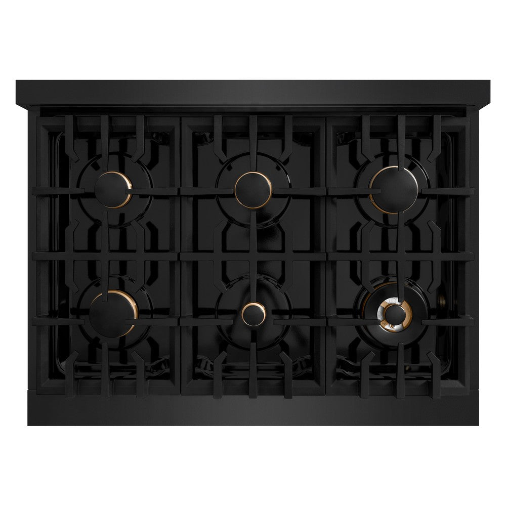 ZLINE 36 in. Gas Range 5.2 cu. ft. 6 Burners Black Stainless Steel with Polished Gold Accents (HGRBZ-36-G)