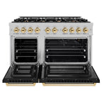 ZLINE 48 in. Gas Range Double Oven 6.7 cu. ft. 8 Burners Satin Stainless Steel with Black Matte Doors & Polished Gold Accents (HGRSZ-BLM-48-G)
