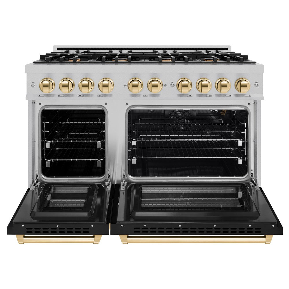 ZLINE 48 in. Gas Range Double Oven 6.7 cu. ft. 8 Burners Satin Stainless Steel with Black Matte Doors & Polished Gold Accents (HGRSZ-BLM-48-G)